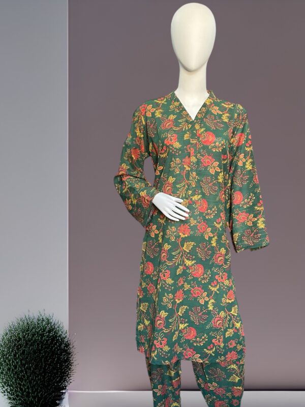 Floral Green 2 Pc khaddar - Image 2